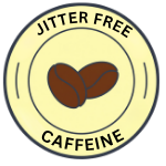Circular logo with a coffee bean and text 'Jitter Free Caffeine' on a white background