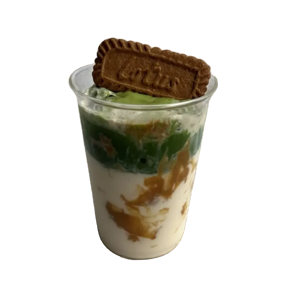 Biscoff Matcha Latte in a cup